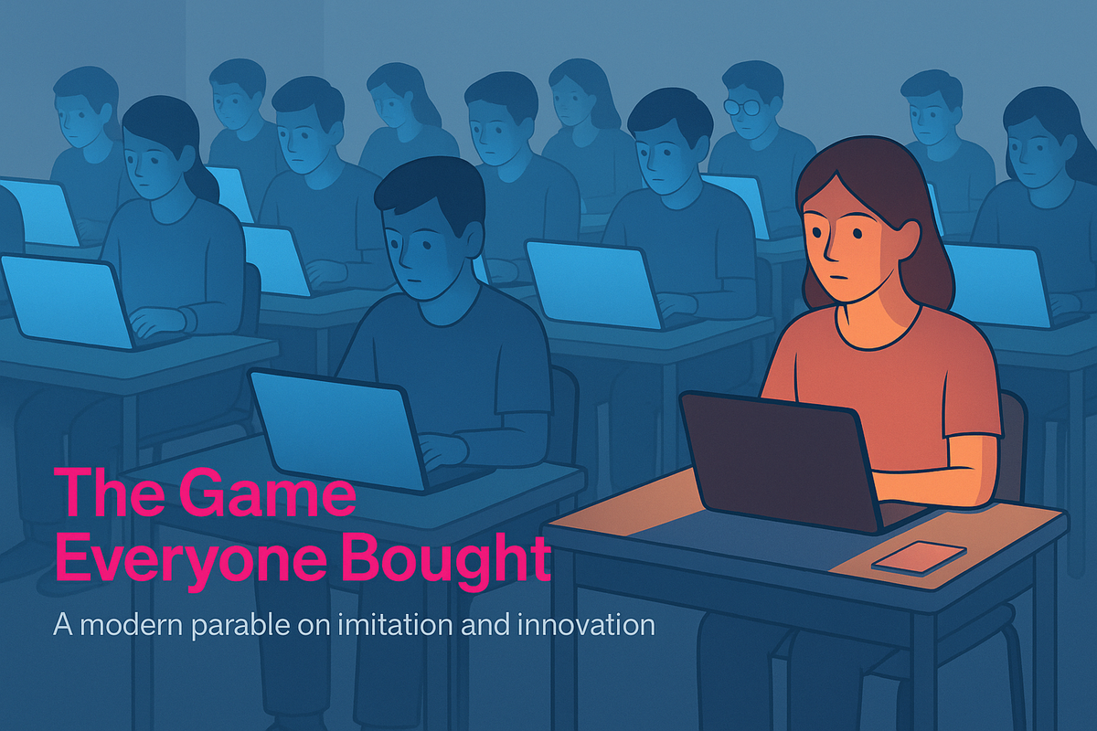 Illustration of students bathed in blue light, each using the same glowing app, symbolizing collective imitation and herd behavior